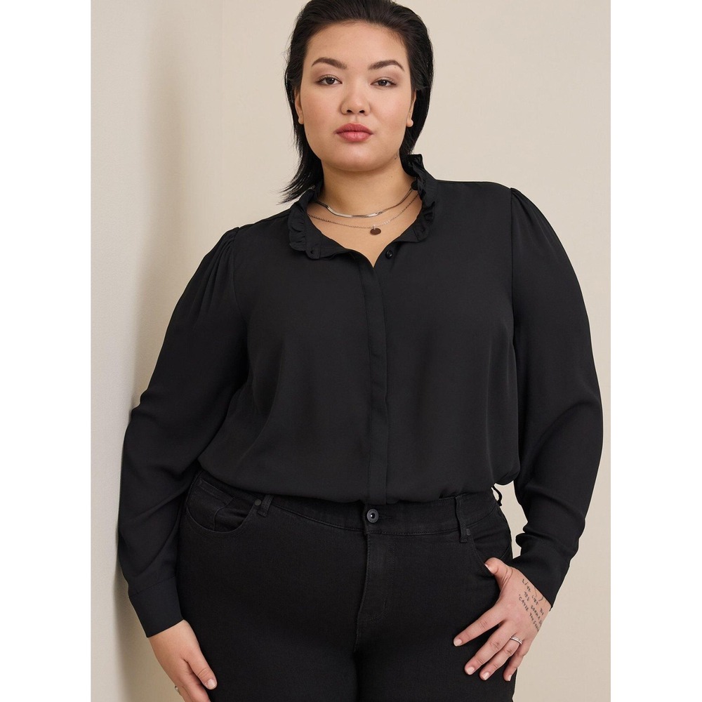 TORRID Womens Sz 3 (3X) Black Madison Georgette Ruffle Mock Neck Button-Up Shirt